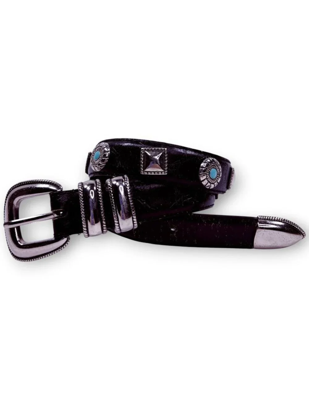 Vintage 80s 90s Western Turquoise Black Leather Kids Belt S / 23